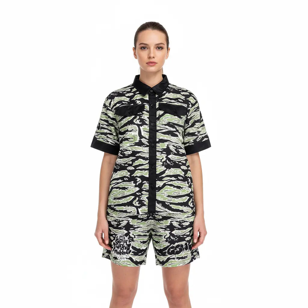 GSW Camouflage Button‑Up Shirt Shorts Set