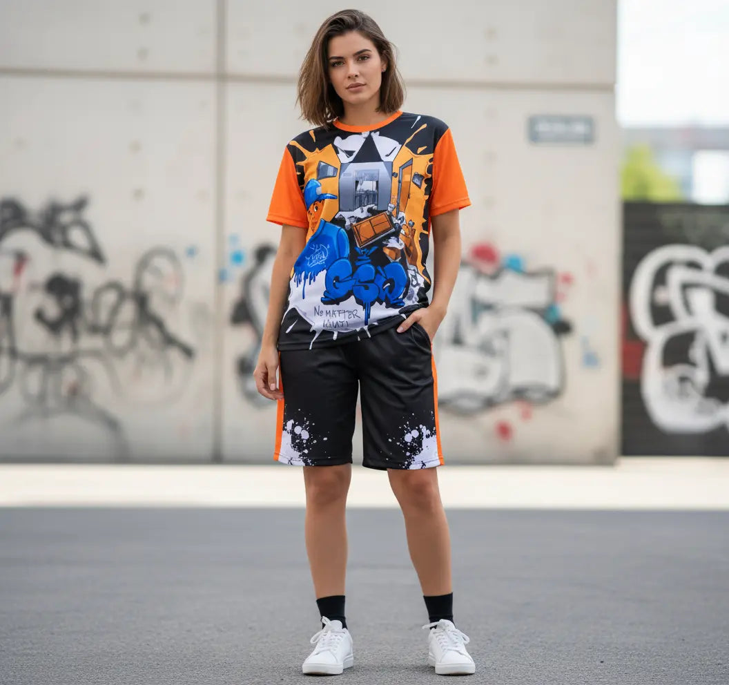 Black Orange Round Neck Sublimation T-Shirt