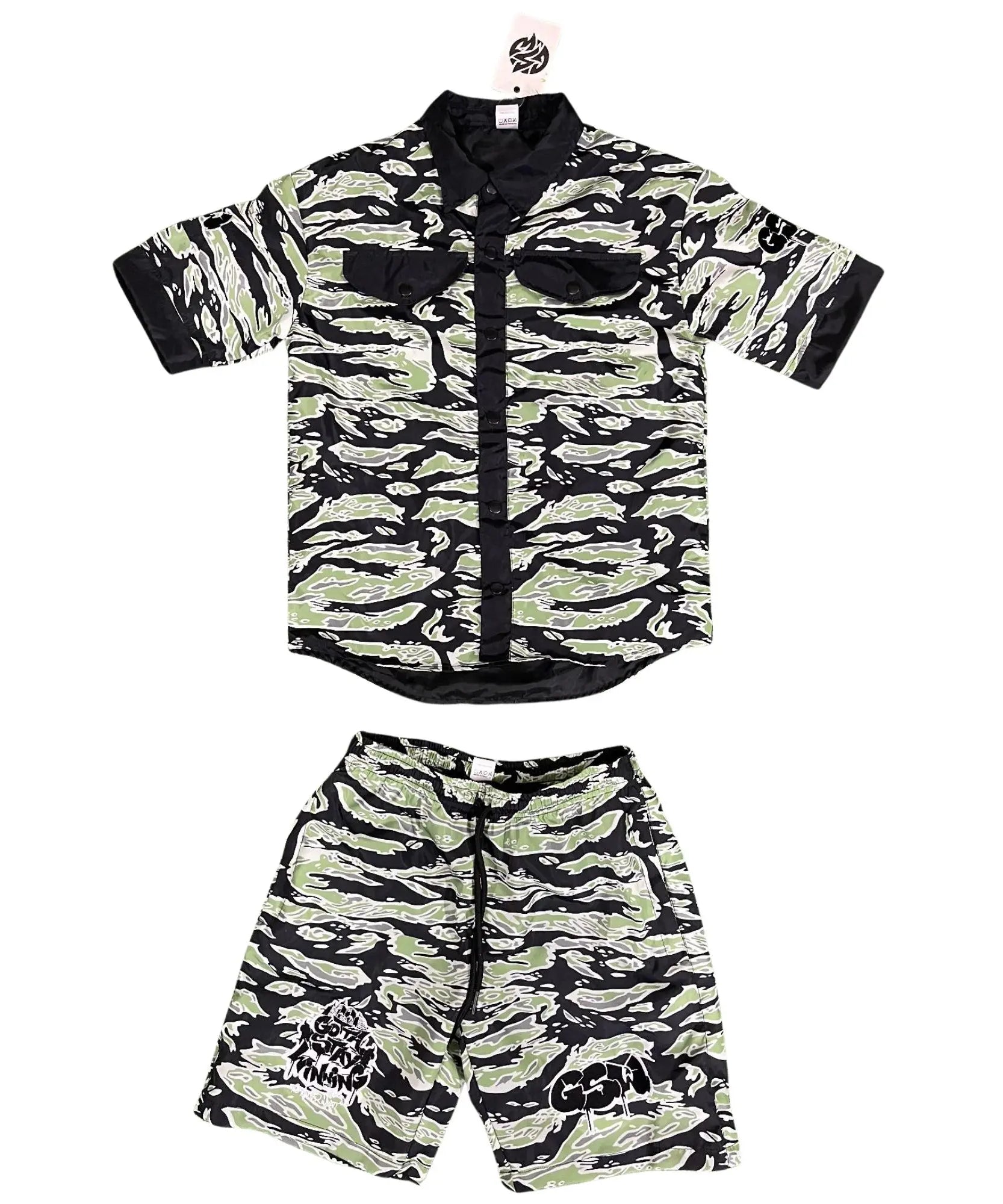 GSW Camouflage Button‑Up Shirt & Shorts Set