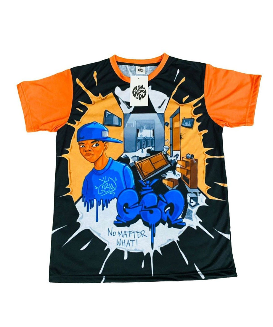 Logo printing Cotton Feel Shirt 100% Polyester Full Sublimated GSW Royal logo Black Orange T -Shirt