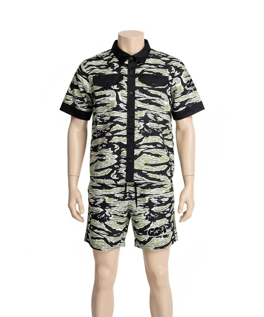 GSW Camouflage Button‑Up Shirt &amp; Shorts Set