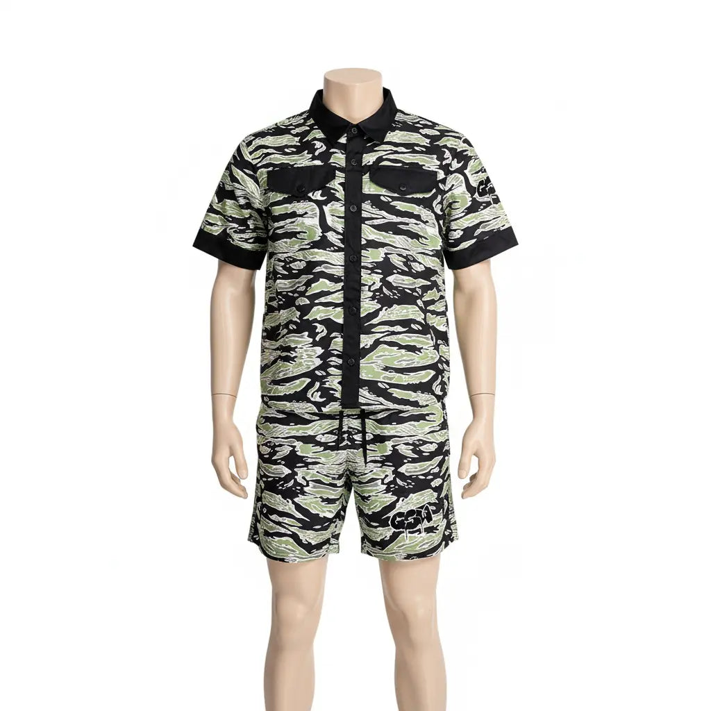 GSW Camouflage Button‑Up Shirt &amp; Shorts Set