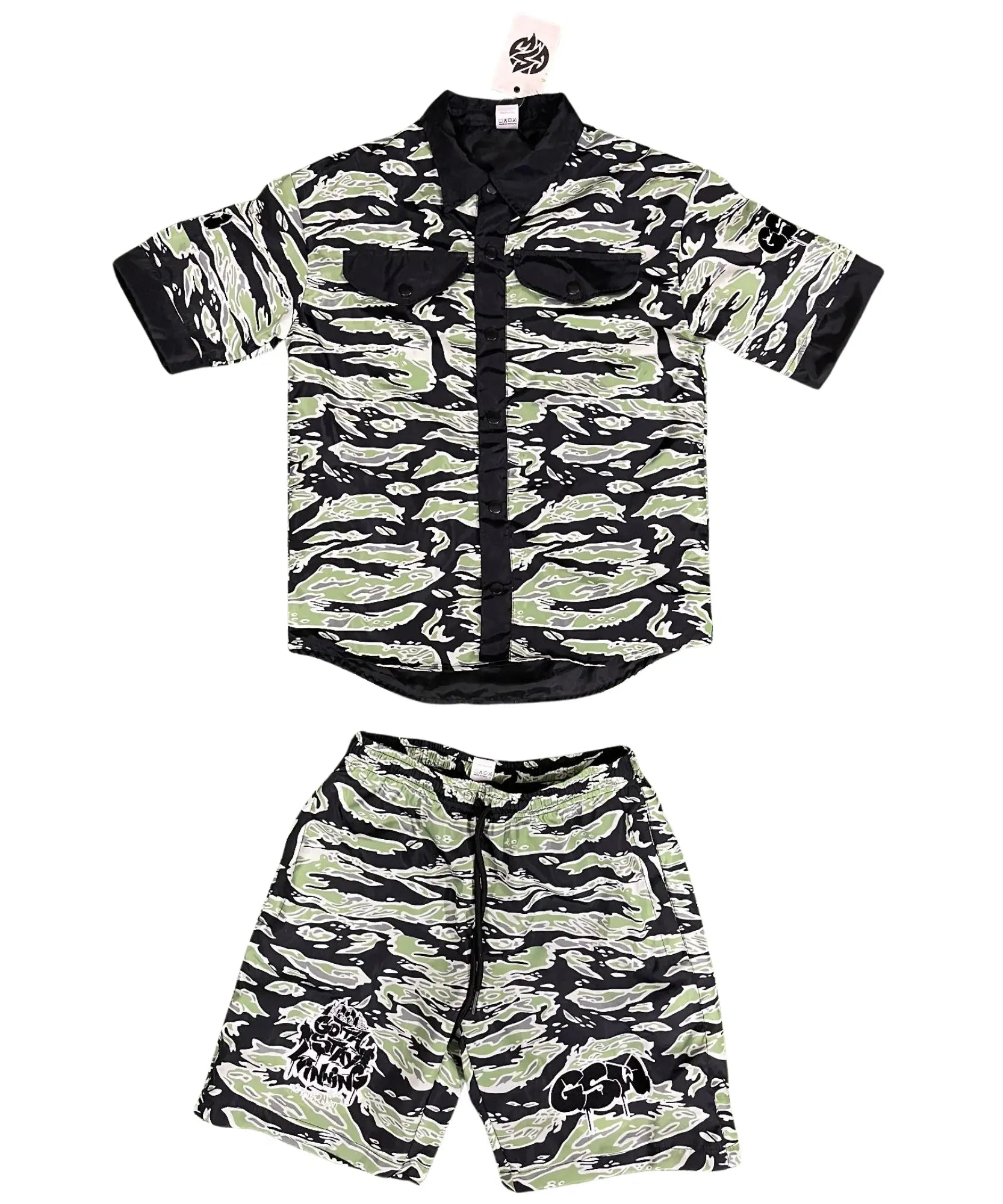 GSW Camouflage Button‑Up Shirt &amp; Shorts Set