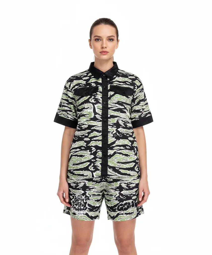 GSW Camouflage Button‑Up Shirt &amp; Shorts Set