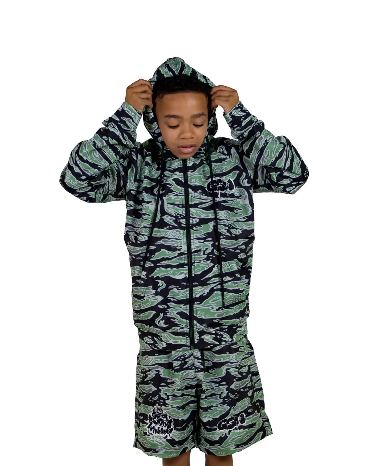 GSW Camouflage Button‑Up Shirt Shorts Set
