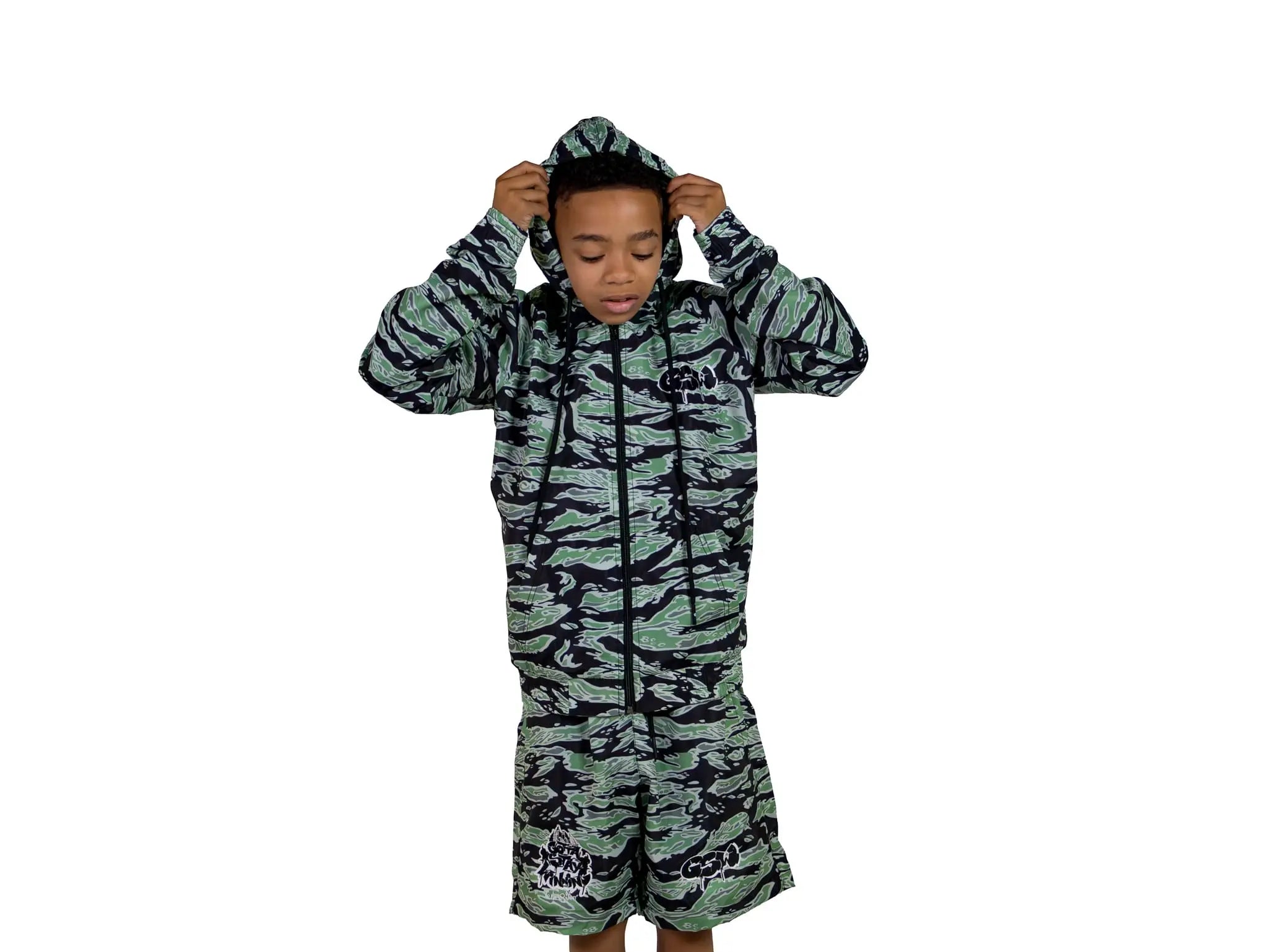 GSW Camouflage Button‑Up Shirt Shorts Set