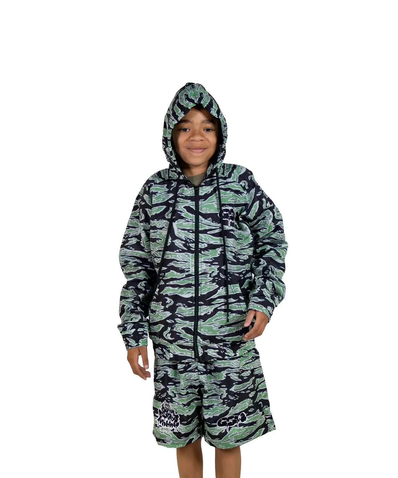 GSW Camouflage Button‑Up Shirt Shorts Set