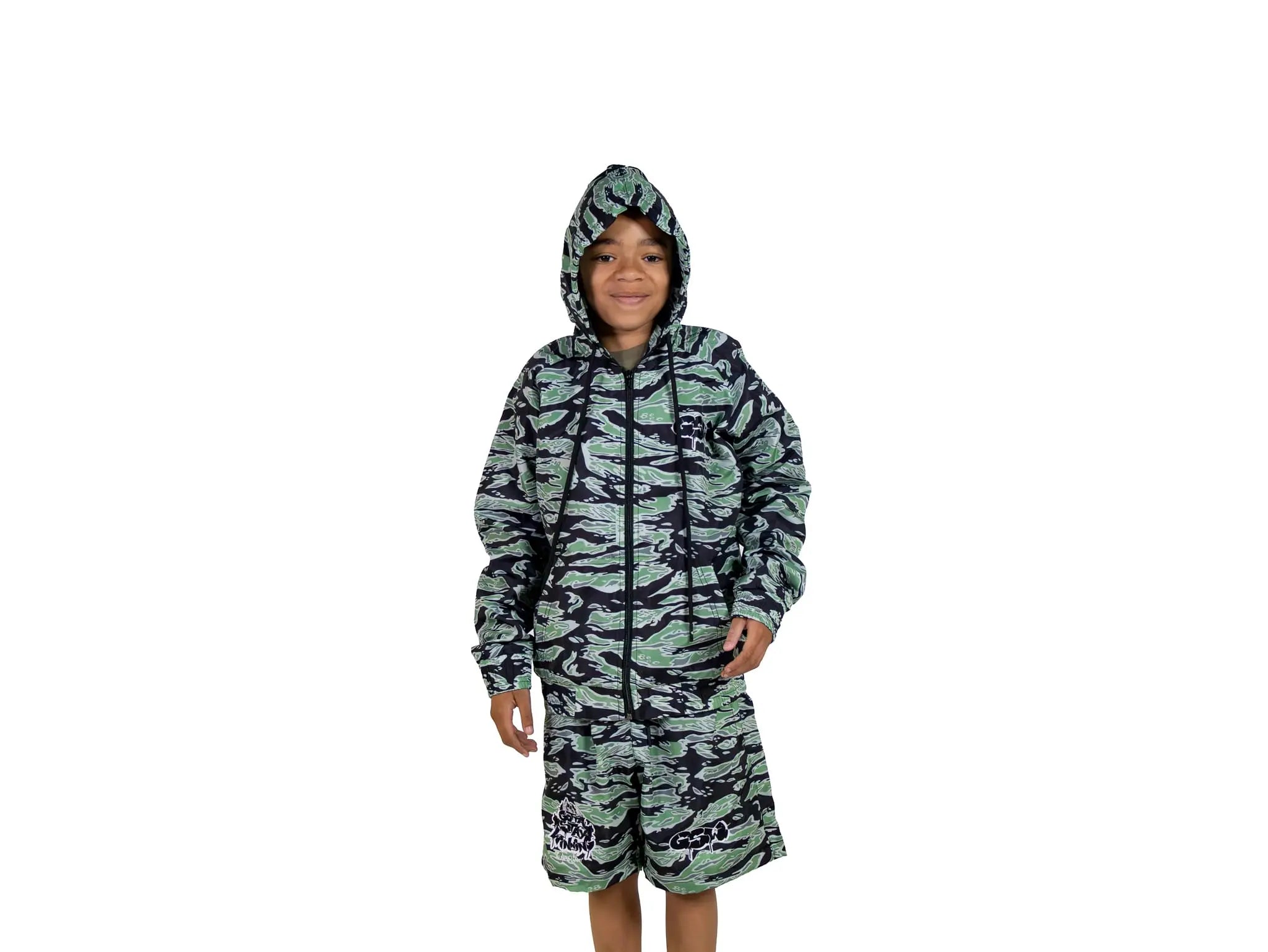 GSW Camouflage Button‑Up Shirt Shorts Set