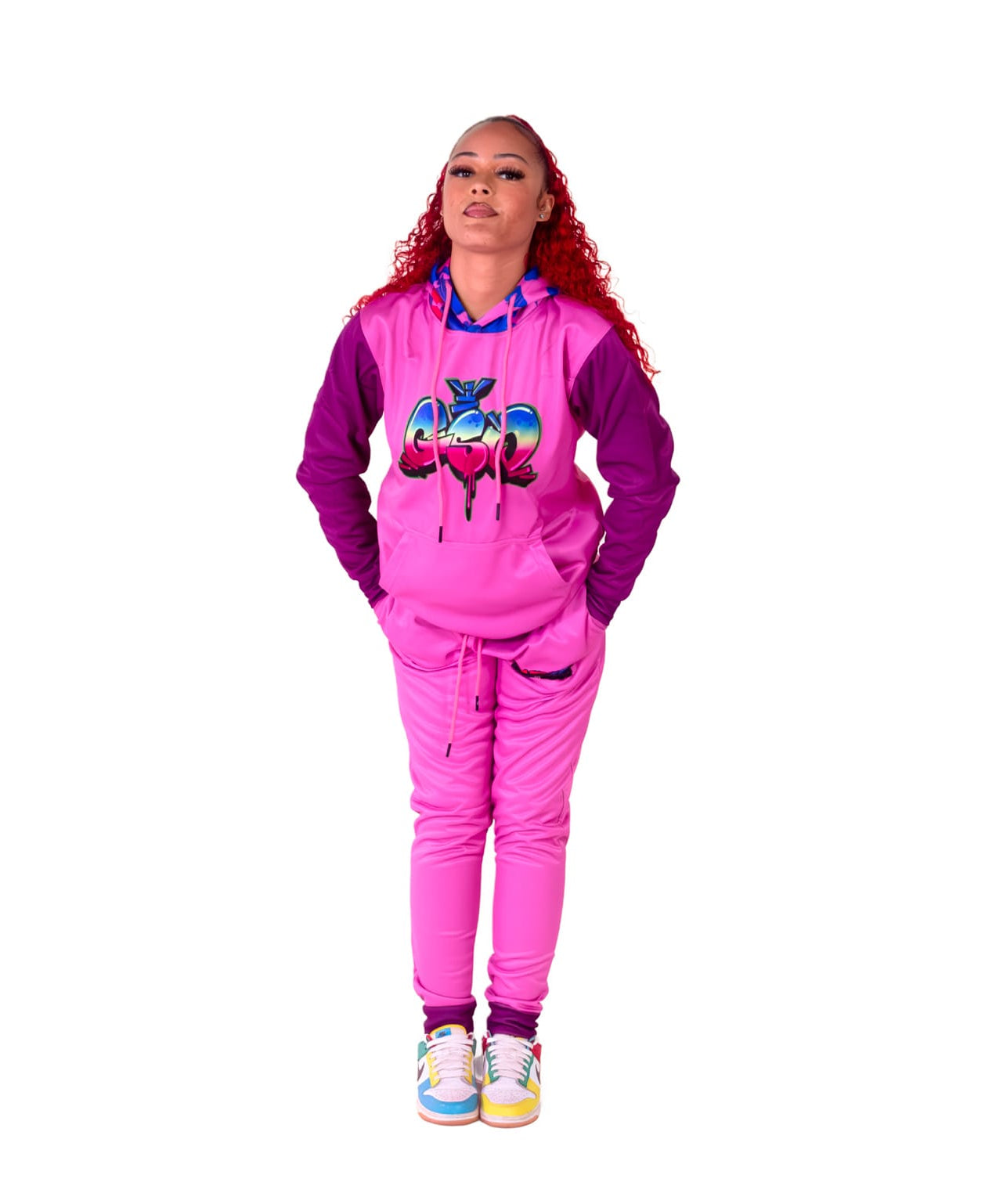 Pink body Hot Pink Sleeve GSW log Camo and Embroidery Design Full Sublimated Track Suit