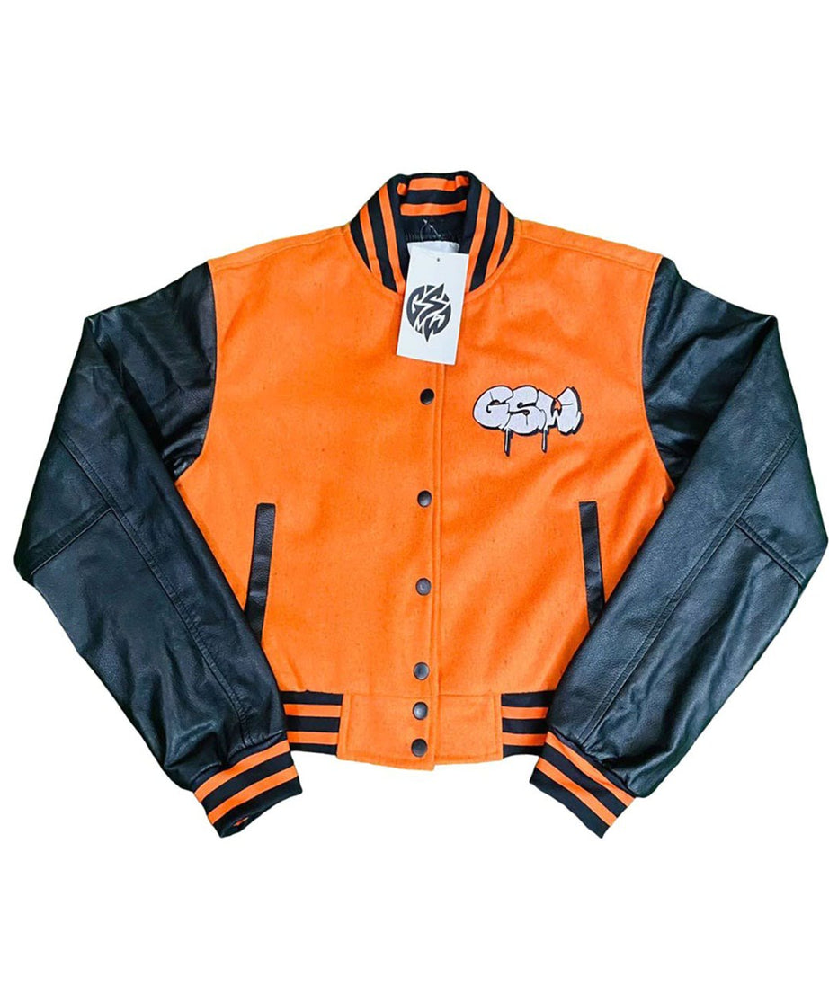 Orange Wool Body Black Leather Sleeve Varsity Winter Jacket (GSWVJOBBKLSFLL-S-) F