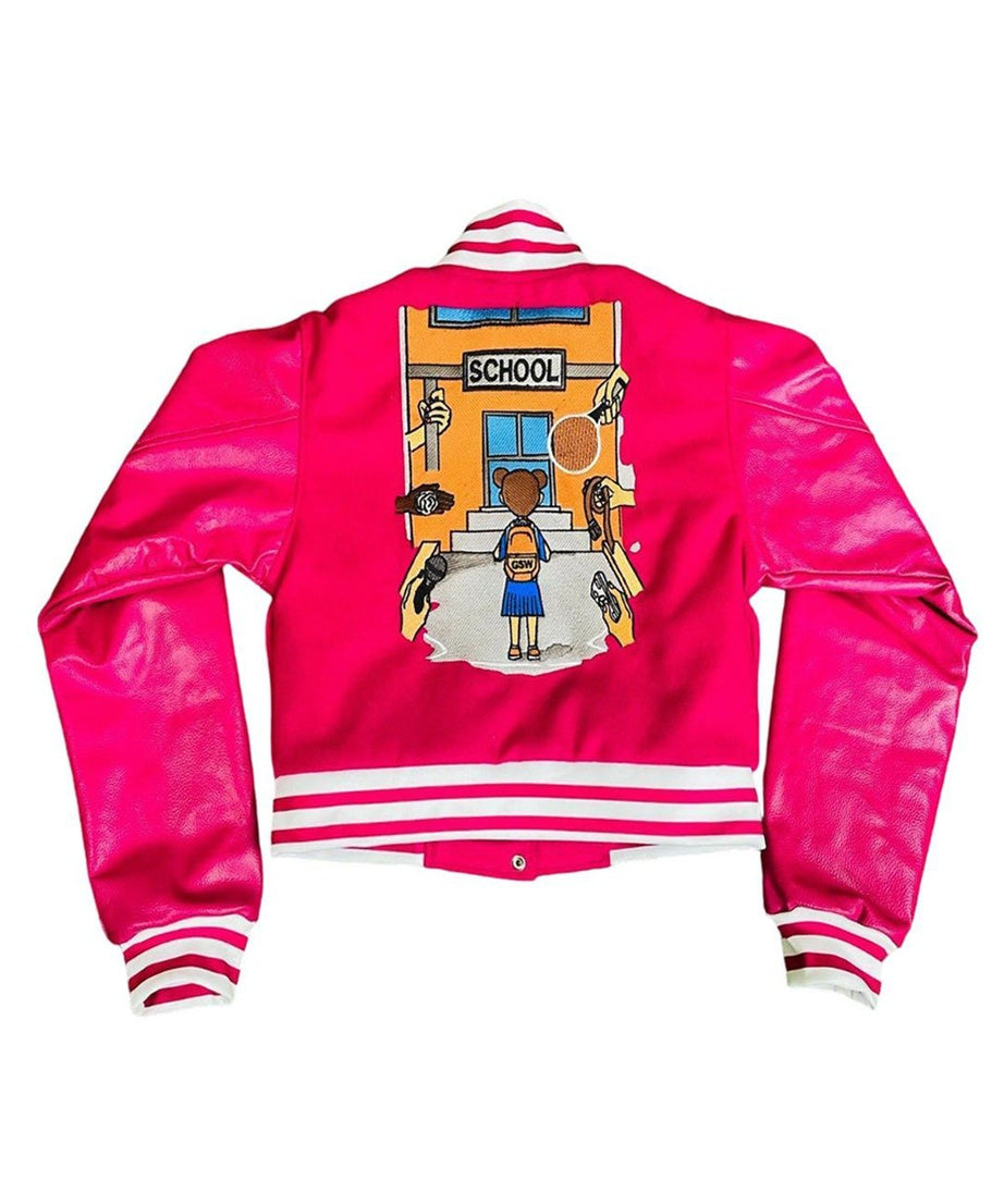 Varsity-Jacket Wool-Body Leather SleevesCrop Top Hot Pink Hot-Pink-Jacket (GSWVJHPBHPSLWBLS-S-)-B
