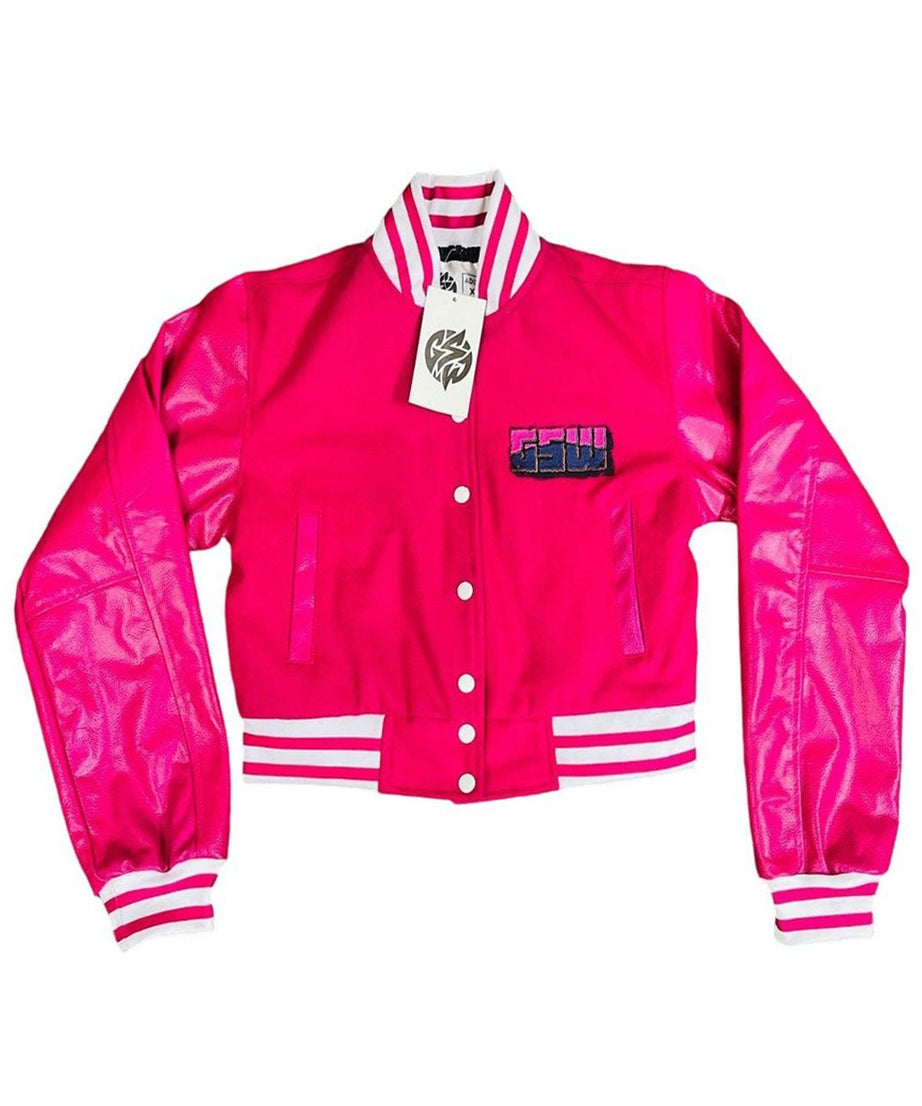 Varsity-Jacket Wool-Body Leather SleevesCrop Top Hot Pink Hot-Pink-Jacket (GSWVJHPBHPSLWBLS-S-)-F