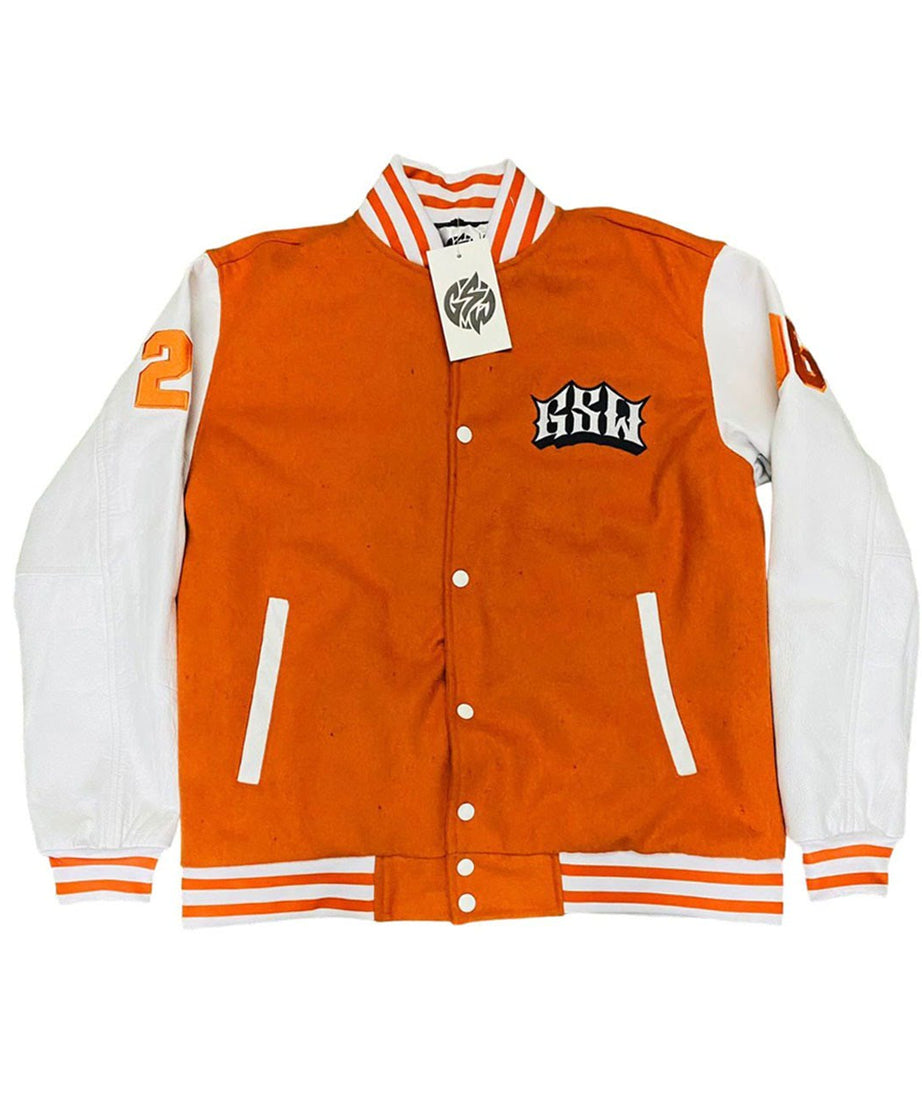 Orange Wool Body White Leather Sleeve Varsity jacket (GSWVJOBWHSLWBLS-S)-F
