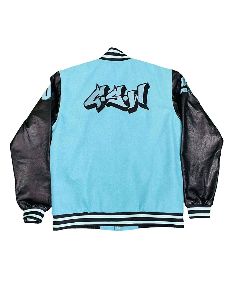 Sky Wool Body Black Leather Sleeve Varsity Jacket ( GSWVJTQBBKSLWBLS-S-)-B