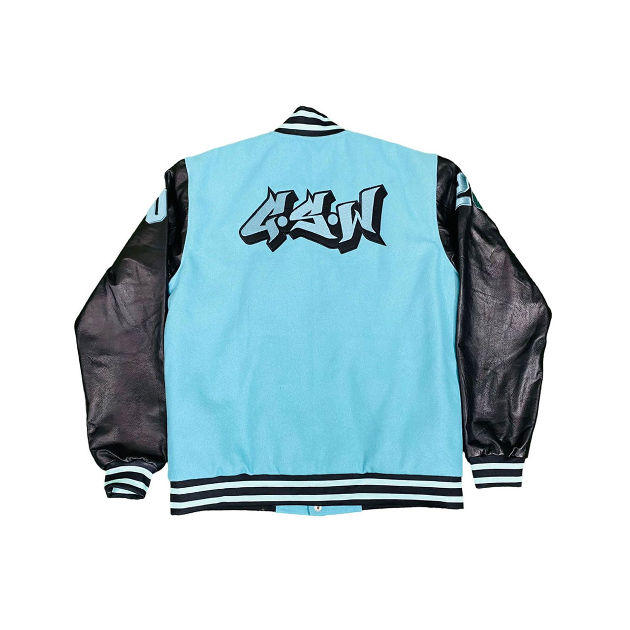 Sky Wool Body Black Leather Sleeve Varsity Jacket ( GSWVJTQBBKSLWBLS-S-)-B