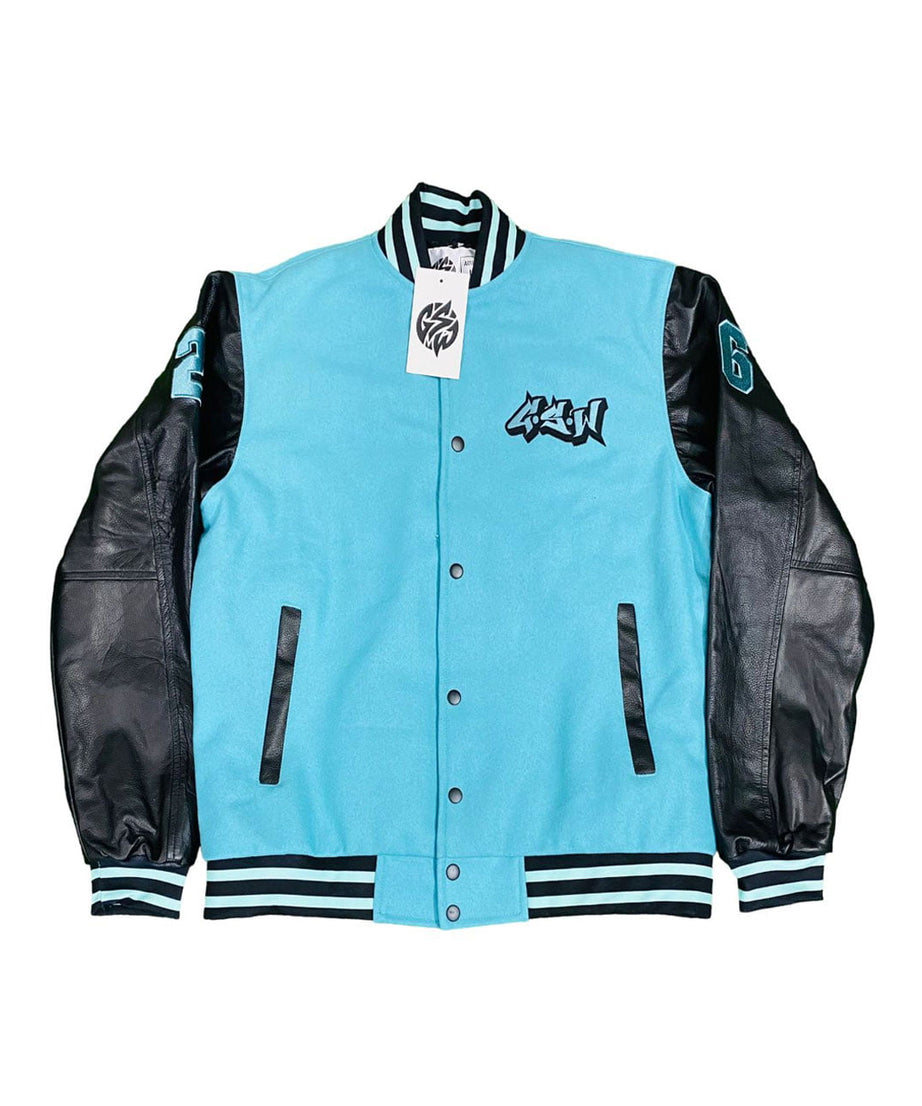 Sky Wool Body Black Leather Sleeve Varsity Jacket GSWVJTQBBKSLWBLS-S-)-F