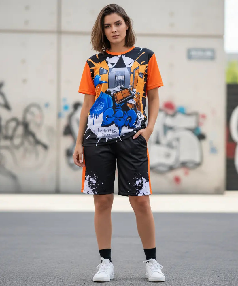 Black Orange Round Neck Sublimation T-Shirt